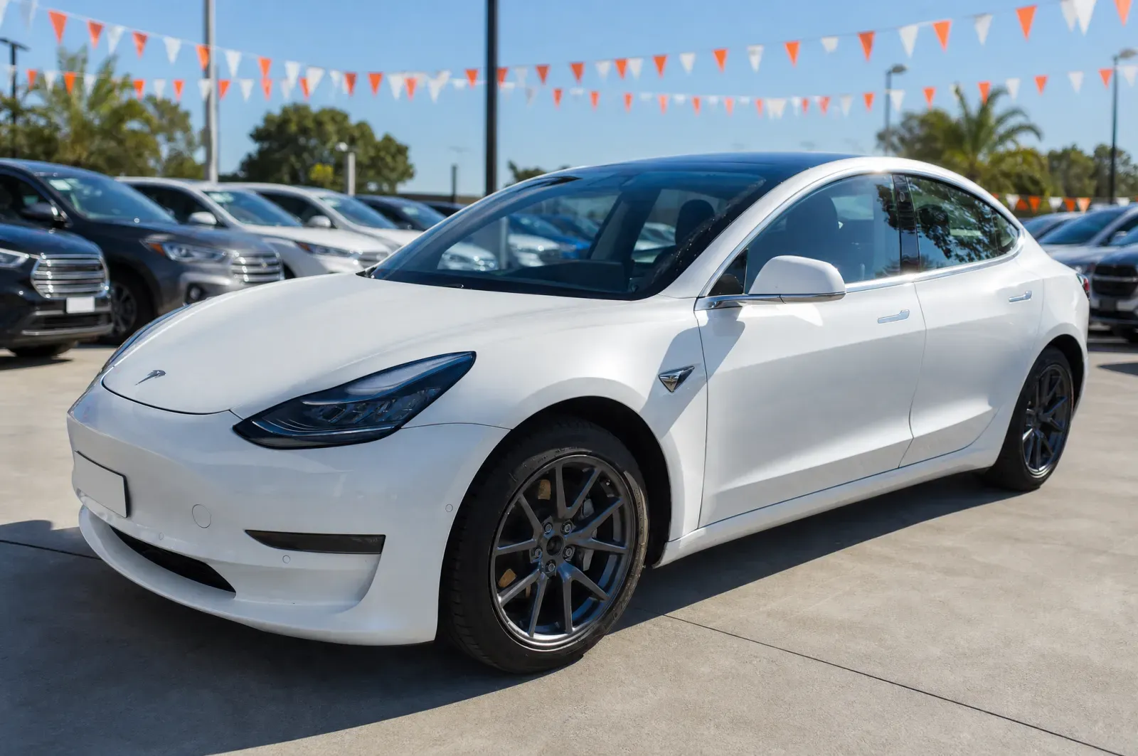 Used Tesla Model 3 Long Range parked on a car yard